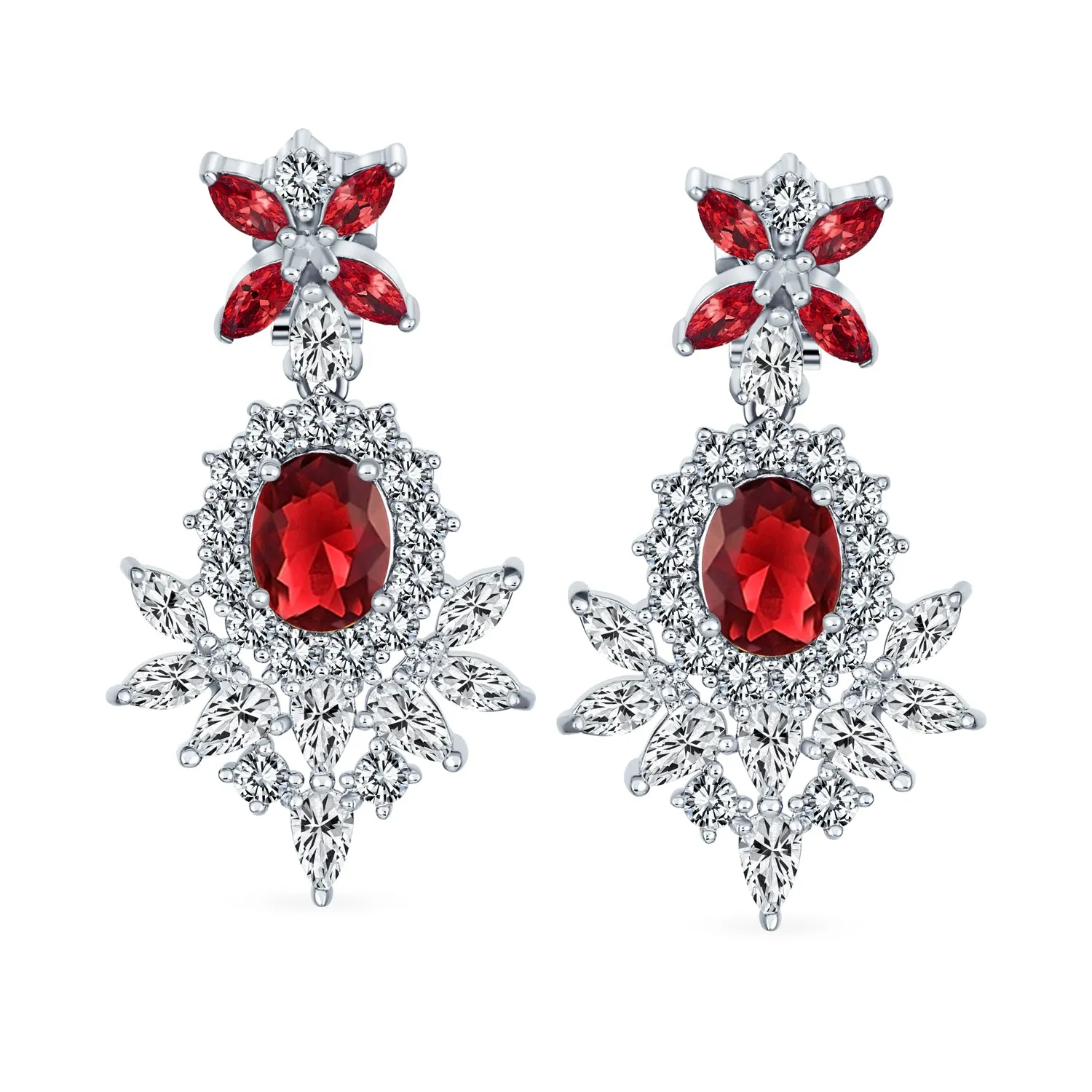 Bridal Flower Red Black AAA CZ Teardrop Chandelier Clip On Earrings