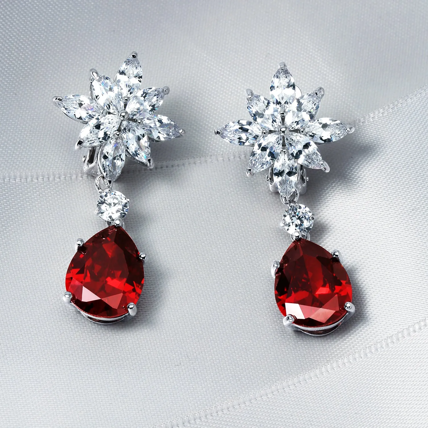 Bridal Flower Red Black AAA CZ Teardrop Chandelier Clip On Earrings