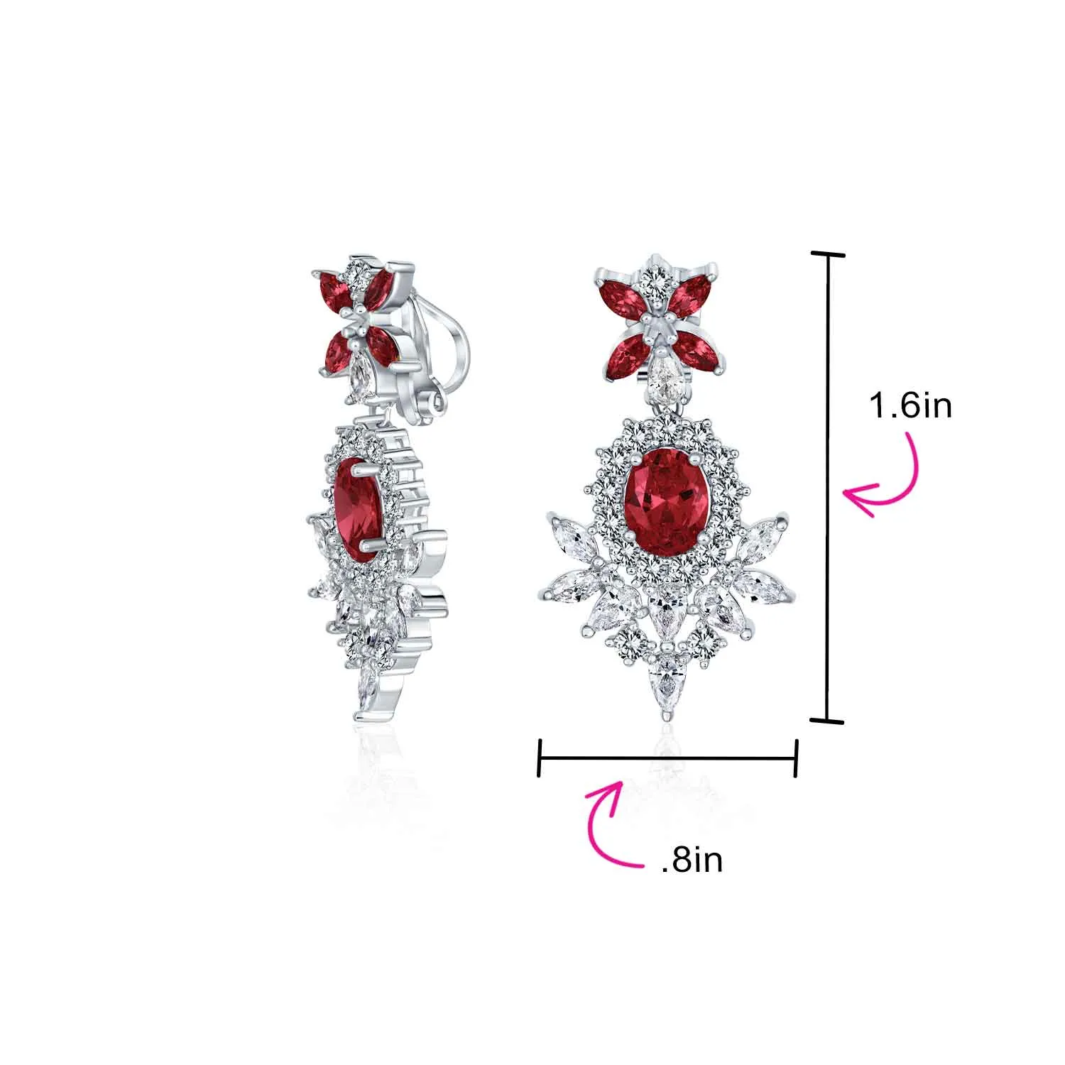 Bridal Flower Red Black AAA CZ Teardrop Chandelier Clip On Earrings