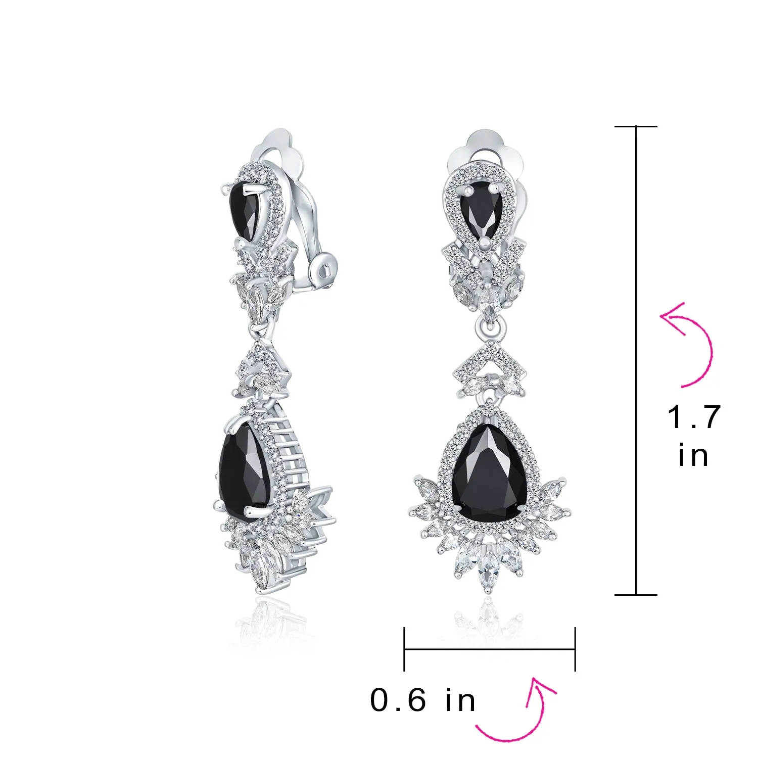 Bridal Flower Red Black AAA CZ Teardrop Chandelier Clip On Earrings