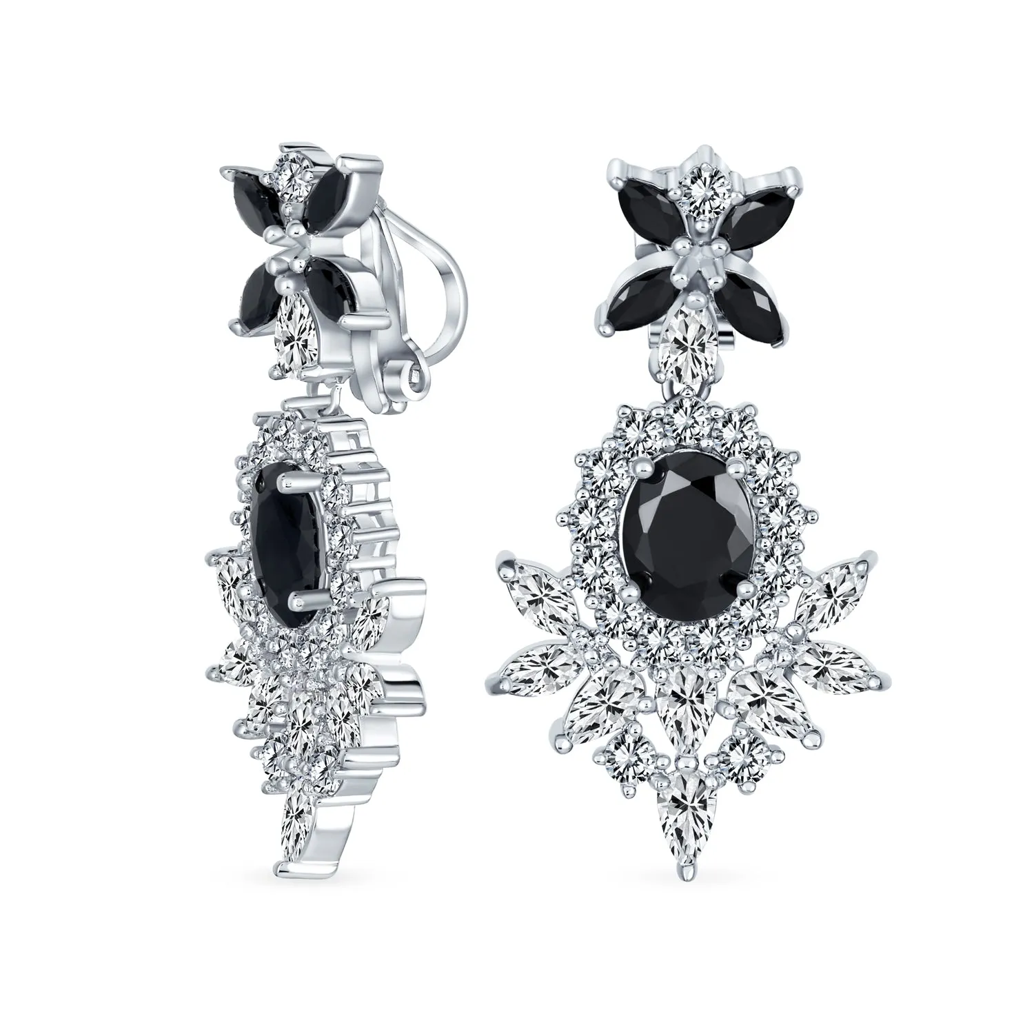 Bridal Flower Red Black AAA CZ Teardrop Chandelier Clip On Earrings