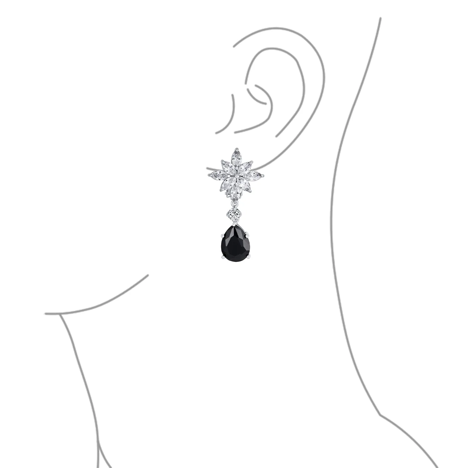 Bridal Flower Red Black AAA CZ Teardrop Chandelier Clip On Earrings