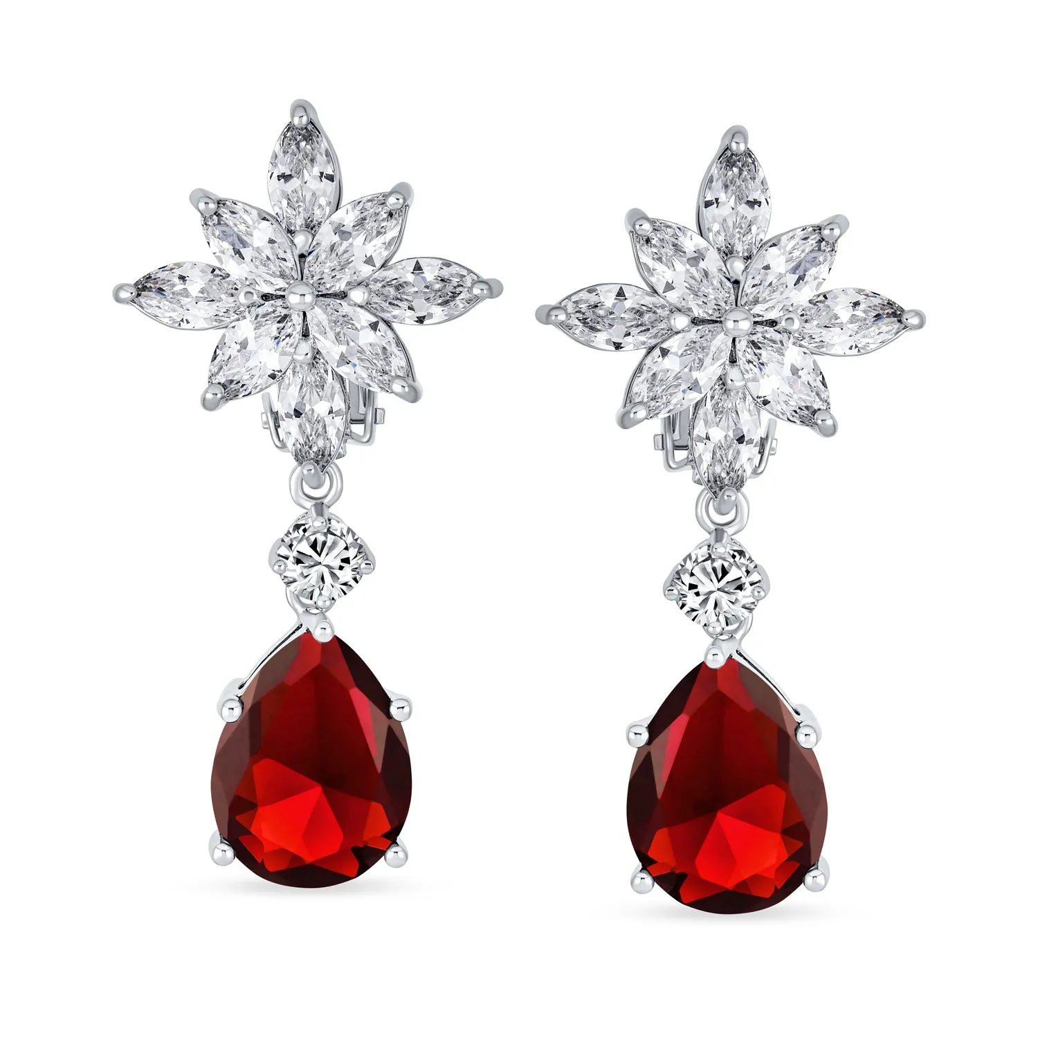 Bridal Flower Red Black AAA CZ Teardrop Chandelier Clip On Earrings