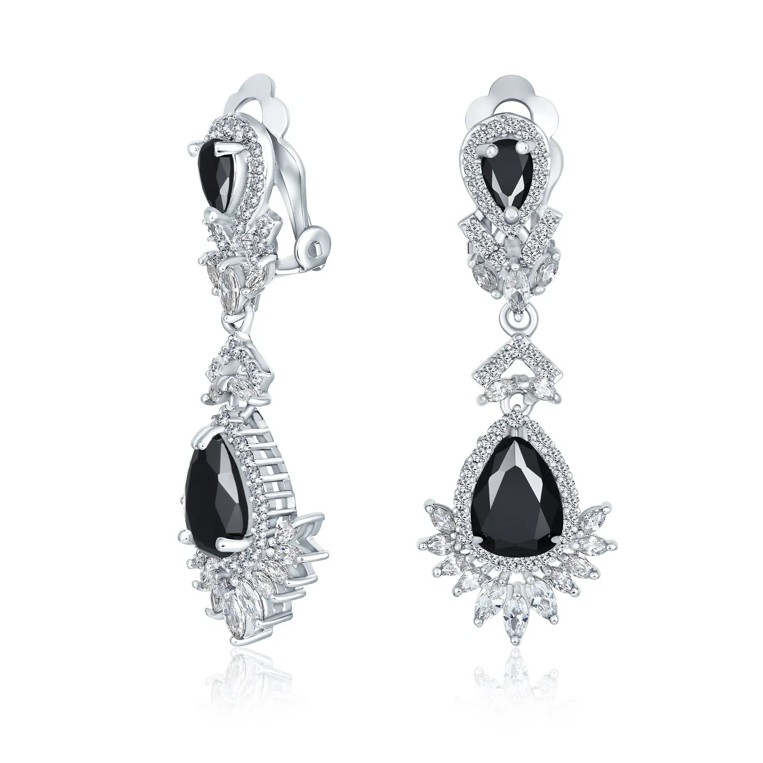 Bridal Flower Red Black AAA CZ Teardrop Chandelier Clip On Earrings