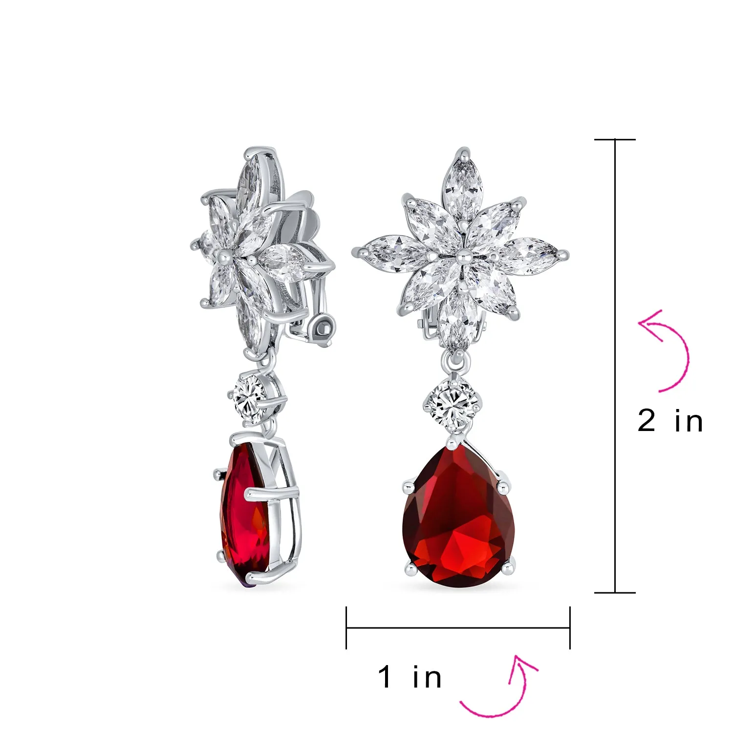 Bridal Flower Red Black AAA CZ Teardrop Chandelier Clip On Earrings