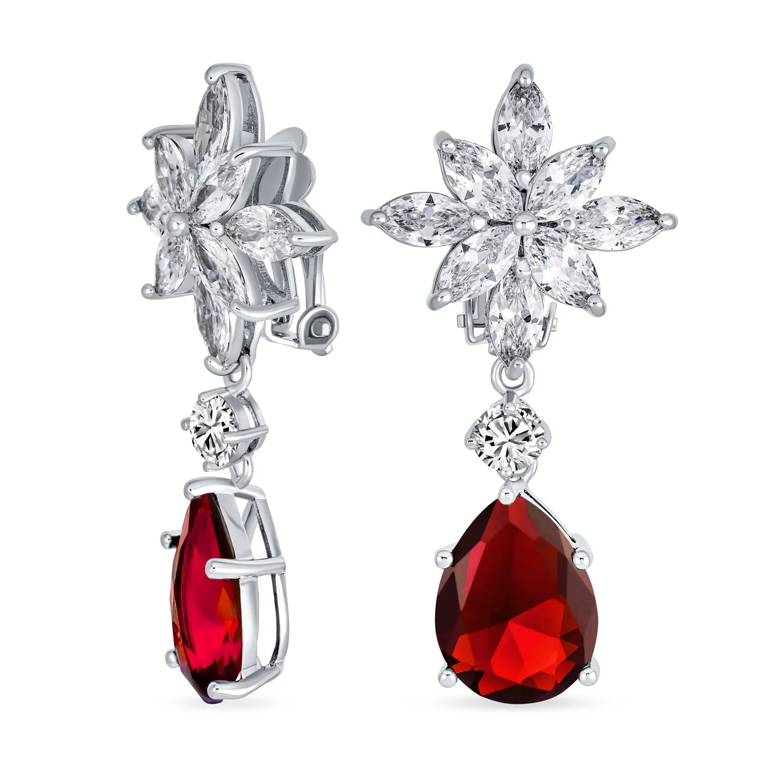 Bridal Flower Red Black AAA CZ Teardrop Chandelier Clip On Earrings