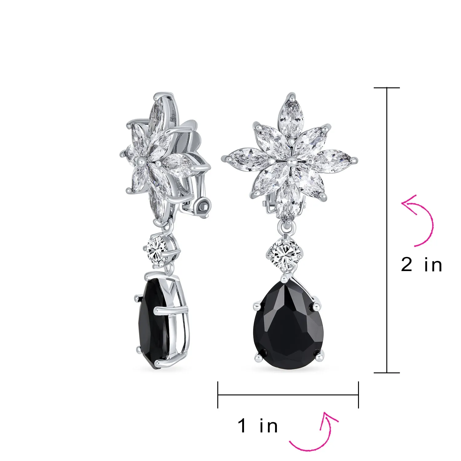 Bridal Flower Red Black AAA CZ Teardrop Chandelier Clip On Earrings