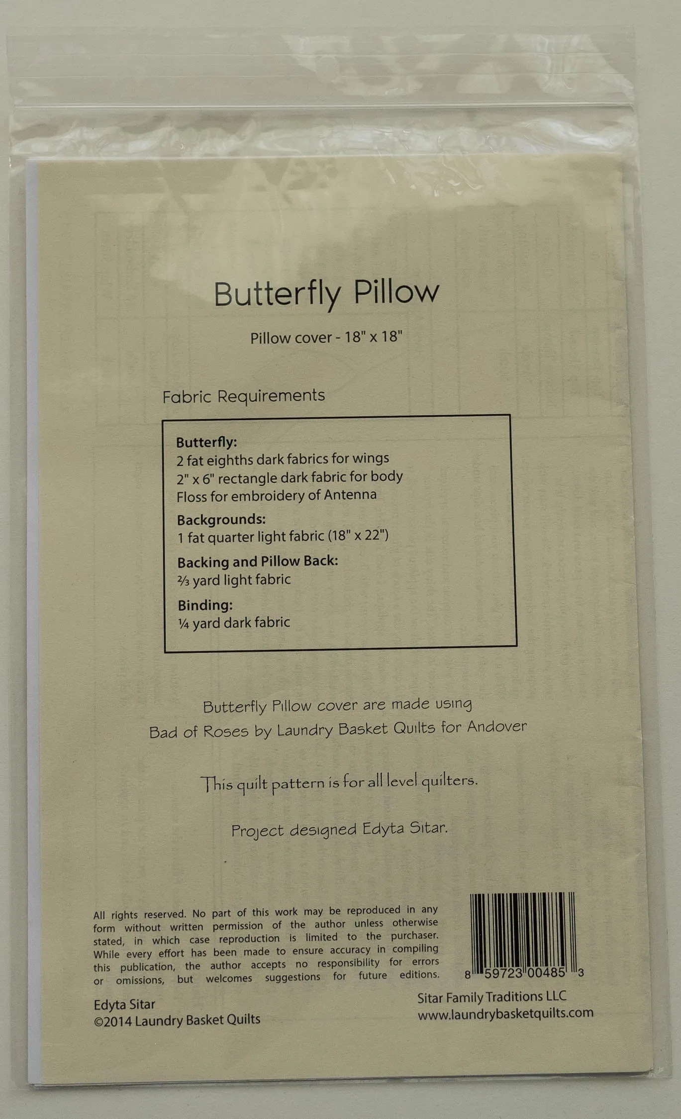 Butterfly Pillow Pattern by Edyta Sitar from Laundry Basket Quilts, LBQ-0485-P