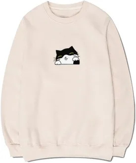 CORIRESHA Teen Cute Cat Casual Crew Neck Long Sleeve Basic Sweatshirt