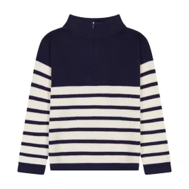 Cotton Boys Zip Sweater Breton Navy White Stripe