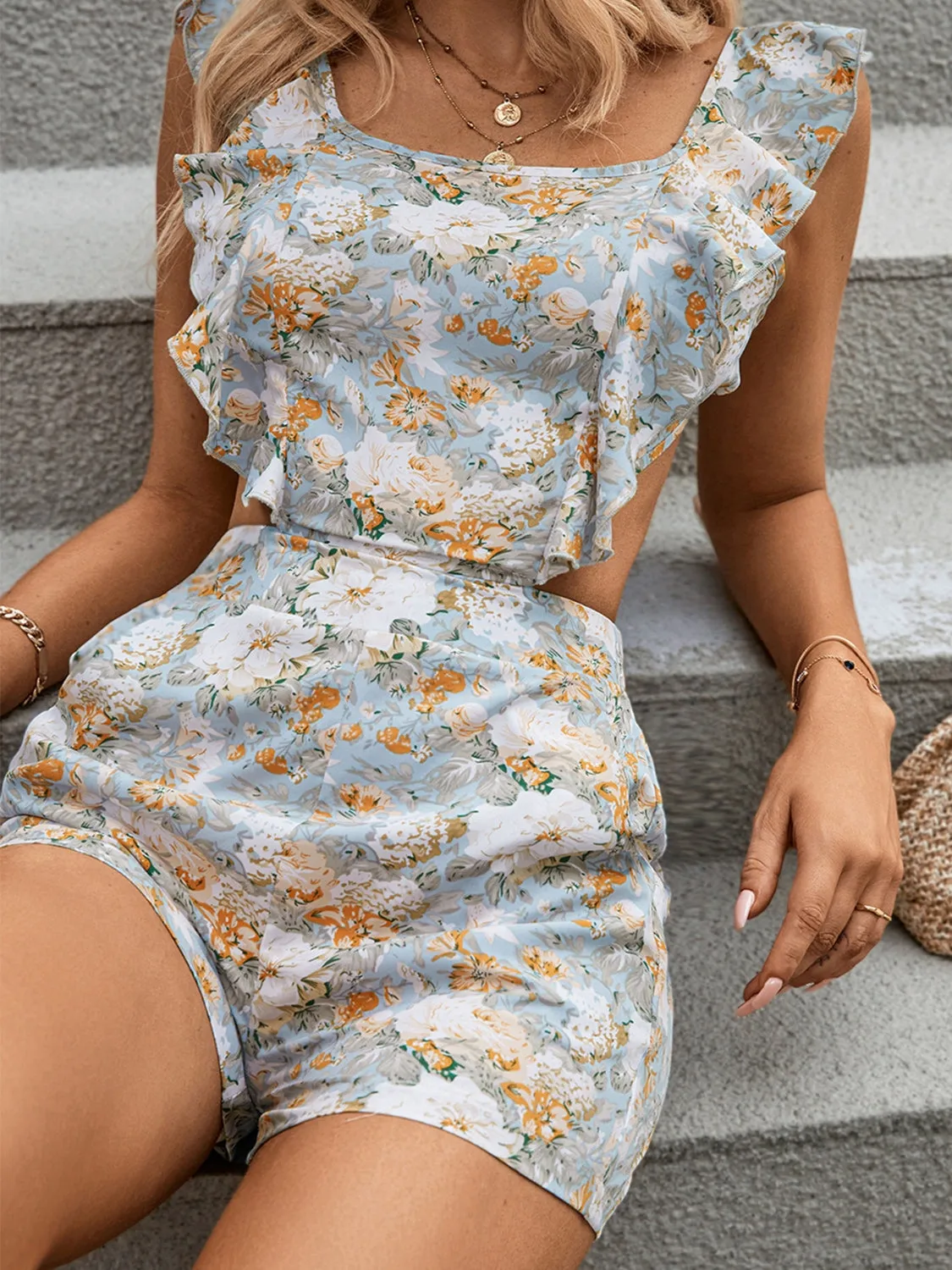 Explore More Collection - Backless Printed Square Neck Romper