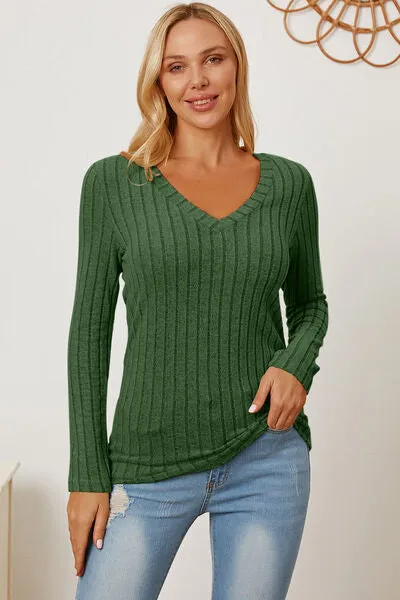 Explore More Collection - Basic Bae Full Size Ribbed V-Neck Long Sleeve T-Shirt
