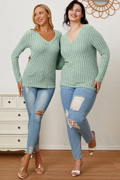 Explore More Collection - Basic Bae Full Size Ribbed V-Neck Long Sleeve T-Shirt