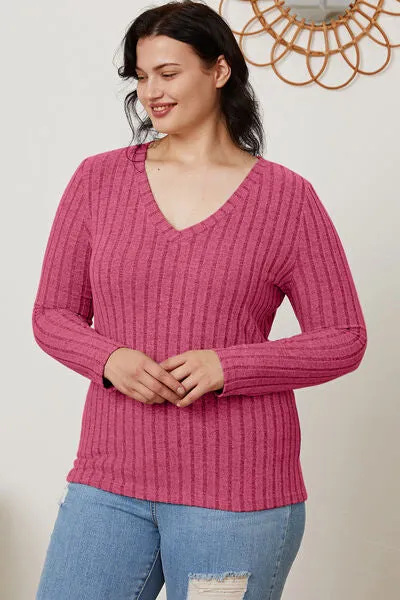 Explore More Collection - Basic Bae Full Size Ribbed V-Neck Long Sleeve T-Shirt