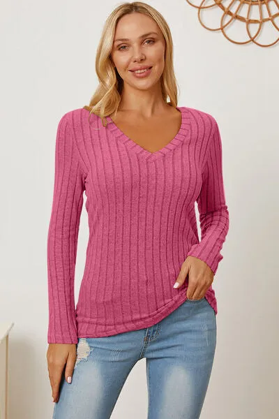 Explore More Collection - Basic Bae Full Size Ribbed V-Neck Long Sleeve T-Shirt