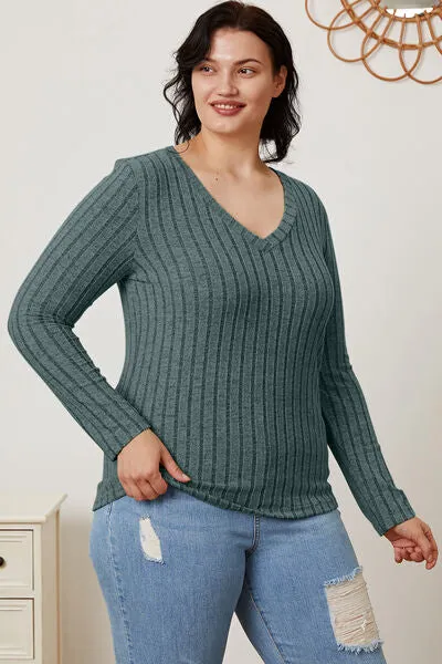 Explore More Collection - Basic Bae Full Size Ribbed V-Neck Long Sleeve T-Shirt