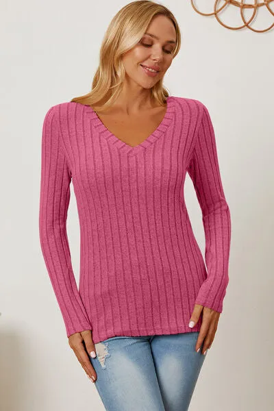 Explore More Collection - Basic Bae Full Size Ribbed V-Neck Long Sleeve T-Shirt