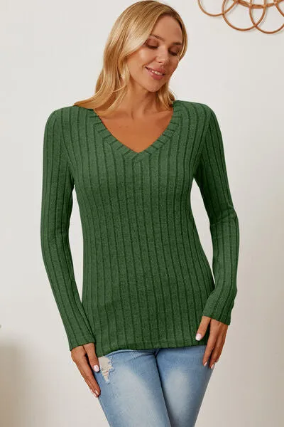 Explore More Collection - Basic Bae Full Size Ribbed V-Neck Long Sleeve T-Shirt