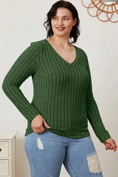 Explore More Collection - Basic Bae Full Size Ribbed V-Neck Long Sleeve T-Shirt