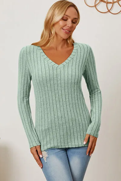 Explore More Collection - Basic Bae Full Size Ribbed V-Neck Long Sleeve T-Shirt