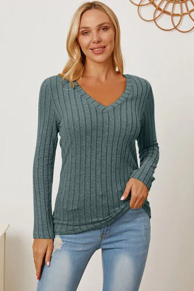 Explore More Collection - Basic Bae Full Size Ribbed V-Neck Long Sleeve T-Shirt