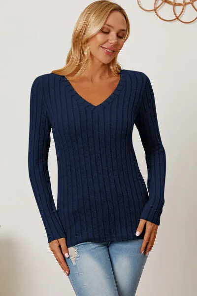 Explore More Collection - Basic Bae Full Size Ribbed V-Neck Long Sleeve T-Shirt