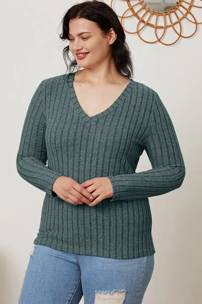 Explore More Collection - Basic Bae Full Size Ribbed V-Neck Long Sleeve T-Shirt