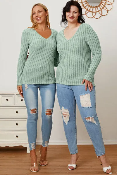 Explore More Collection - Basic Bae Full Size Ribbed V-Neck Long Sleeve T-Shirt