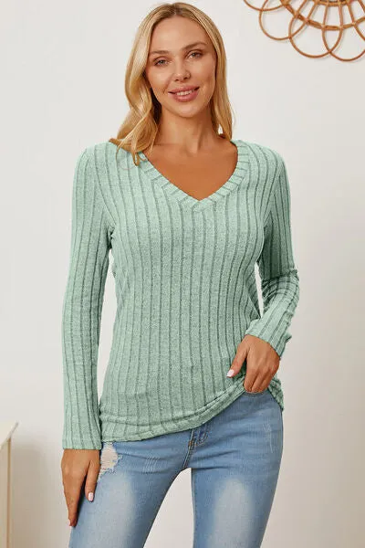 Explore More Collection - Basic Bae Full Size Ribbed V-Neck Long Sleeve T-Shirt