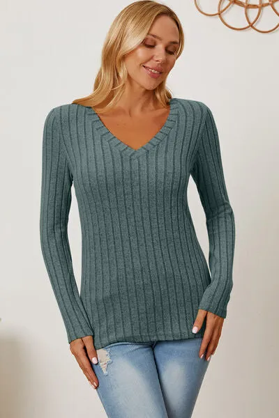 Explore More Collection - Basic Bae Full Size Ribbed V-Neck Long Sleeve T-Shirt