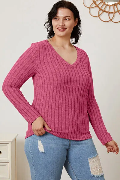 Explore More Collection - Basic Bae Full Size Ribbed V-Neck Long Sleeve T-Shirt