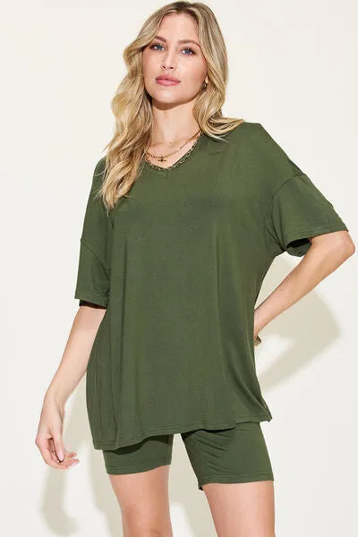 Explore More Collection - Basic Bae Full Size V-Neck Drop Shoulder Short Sleeve T-Shirt and Shorts Set
