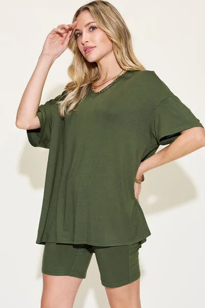 Explore More Collection - Basic Bae Full Size V-Neck Drop Shoulder Short Sleeve T-Shirt and Shorts Set
