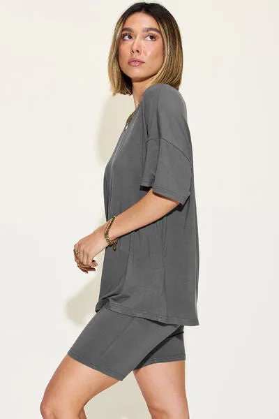 Explore More Collection - Basic Bae Full Size V-Neck Drop Shoulder Short Sleeve T-Shirt and Shorts Set