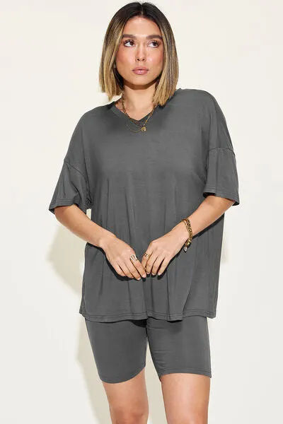 Explore More Collection - Basic Bae Full Size V-Neck Drop Shoulder Short Sleeve T-Shirt and Shorts Set