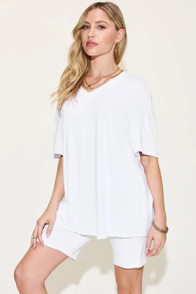 Explore More Collection - Basic Bae Full Size V-Neck Drop Shoulder Short Sleeve T-Shirt and Shorts Set