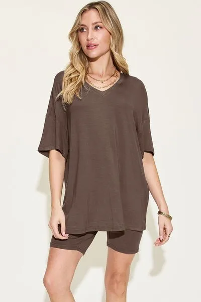 Explore More Collection - Basic Bae Full Size V-Neck Drop Shoulder Short Sleeve T-Shirt and Shorts Set