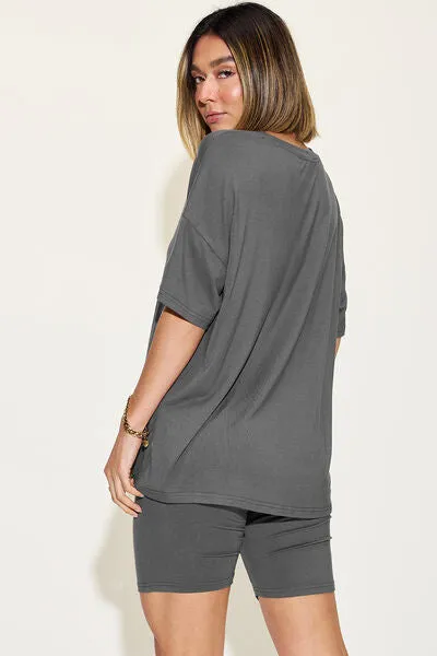 Explore More Collection - Basic Bae Full Size V-Neck Drop Shoulder Short Sleeve T-Shirt and Shorts Set