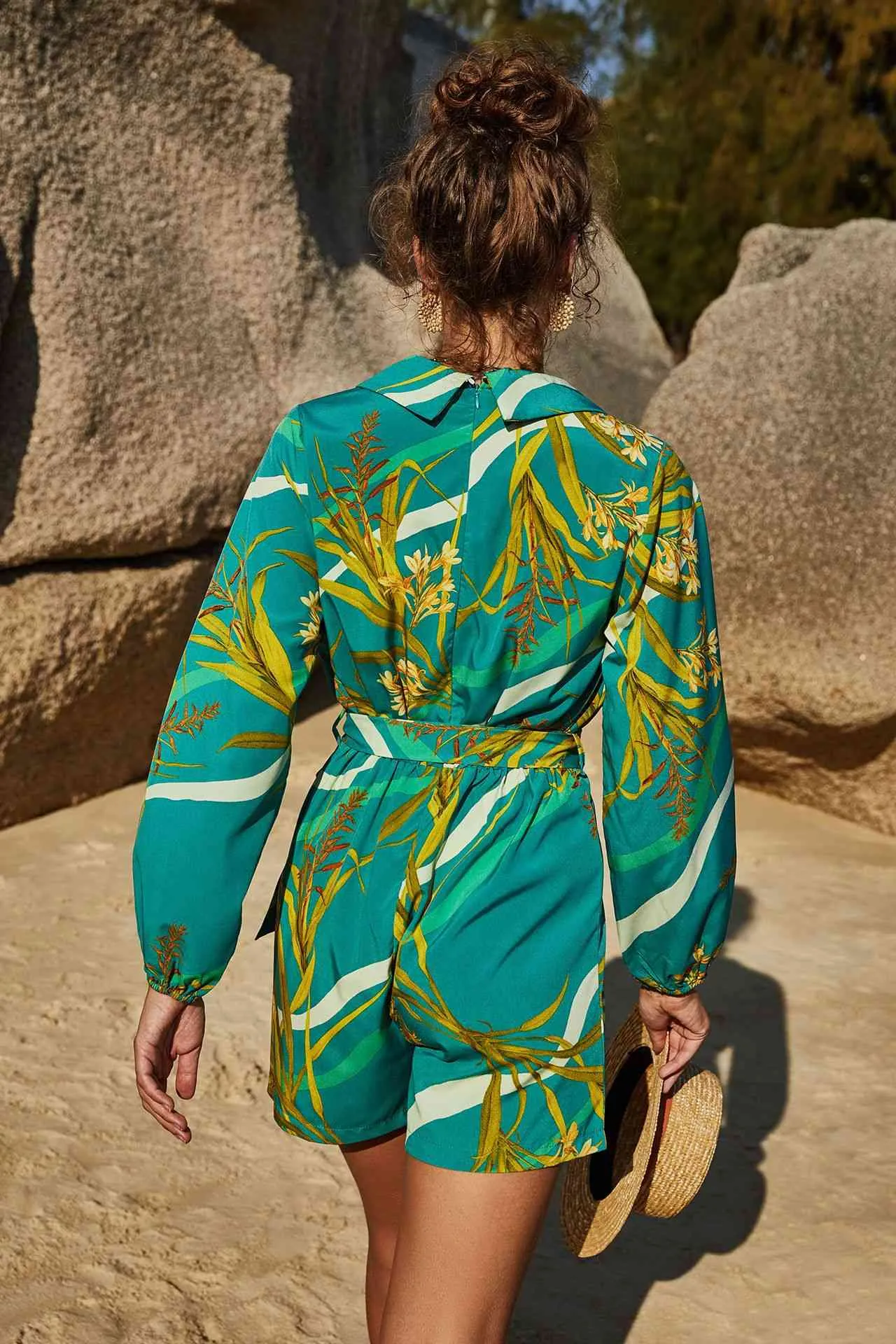 Explore More Collection - Botanical Print Long Sleeve Romper