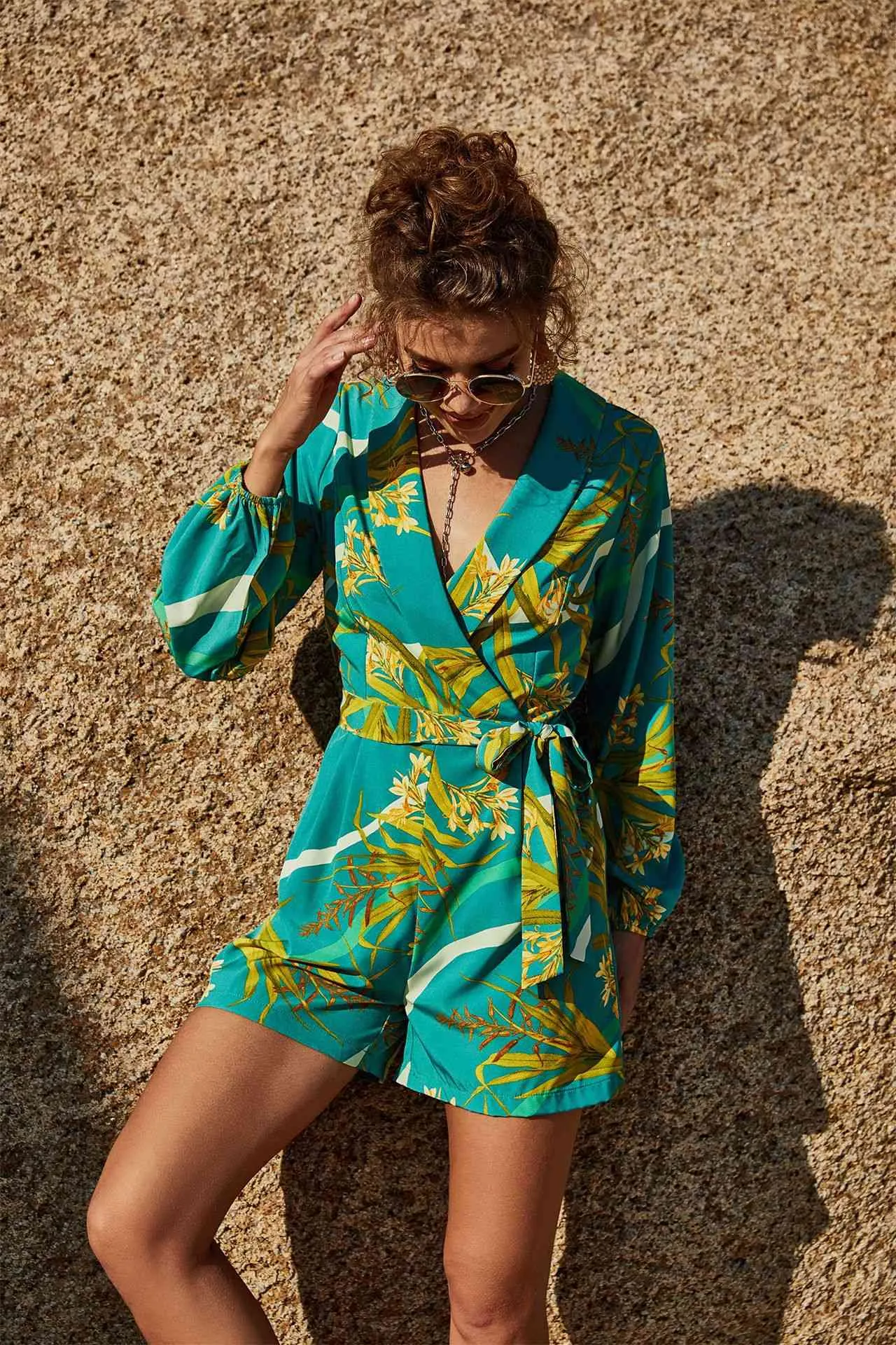 Explore More Collection - Botanical Print Long Sleeve Romper