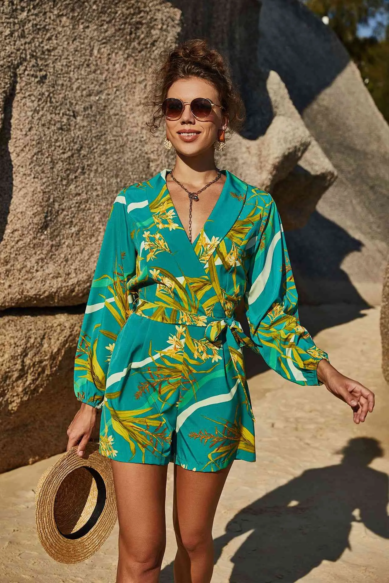 Explore More Collection - Botanical Print Long Sleeve Romper