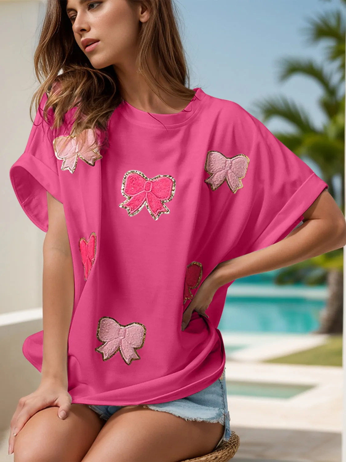 Explore More Collection - Bow Round Neck Short Sleeve T-Shirt