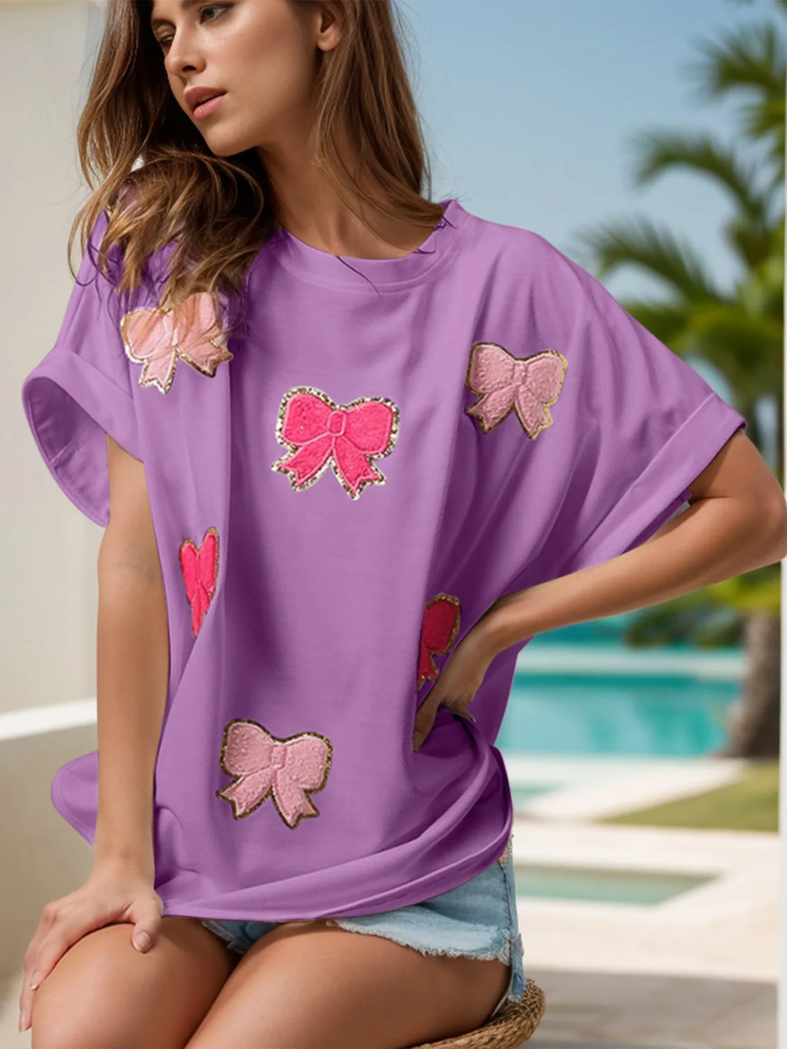Explore More Collection - Bow Round Neck Short Sleeve T-Shirt