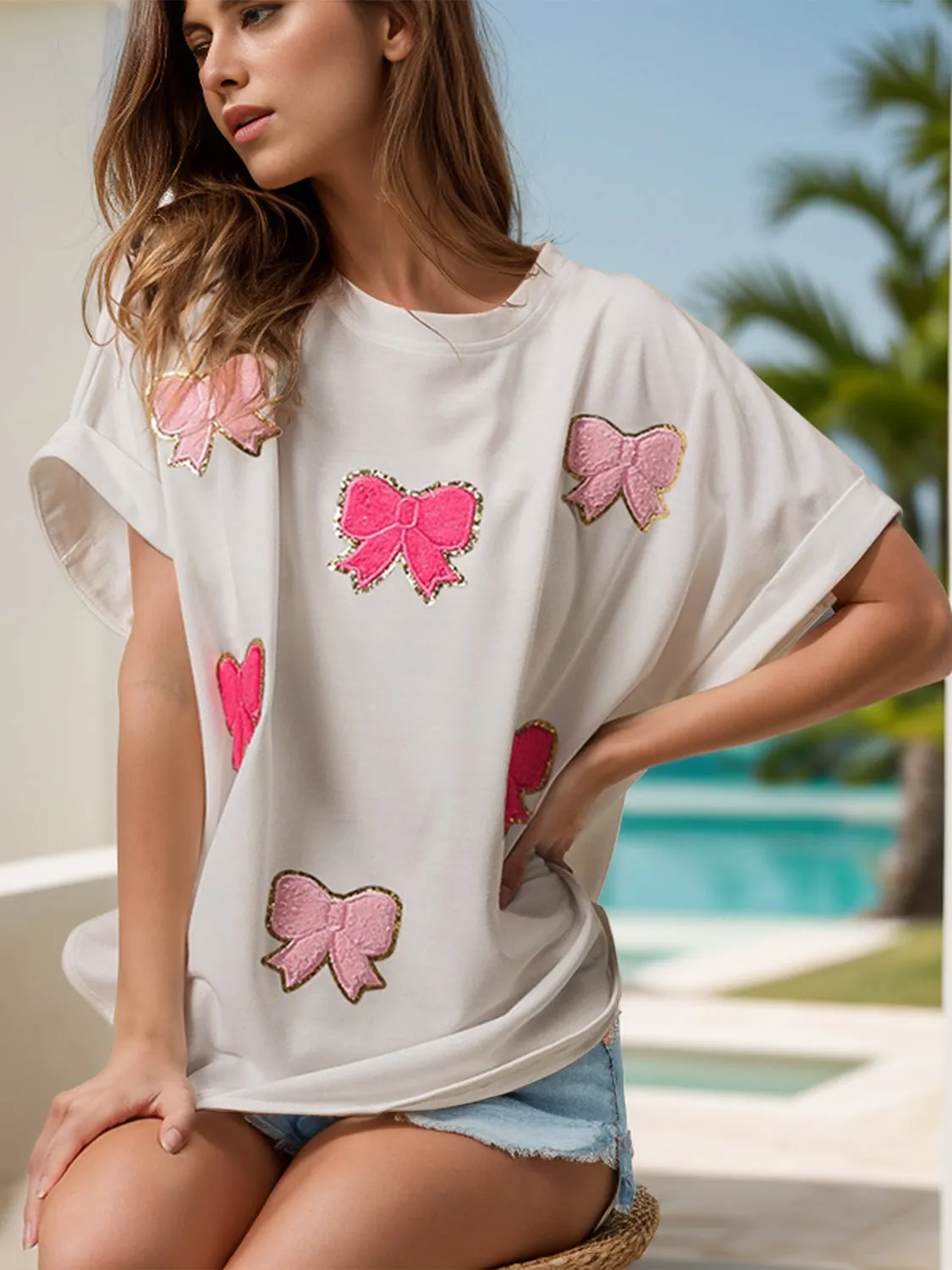 Explore More Collection - Bow Round Neck Short Sleeve T-Shirt