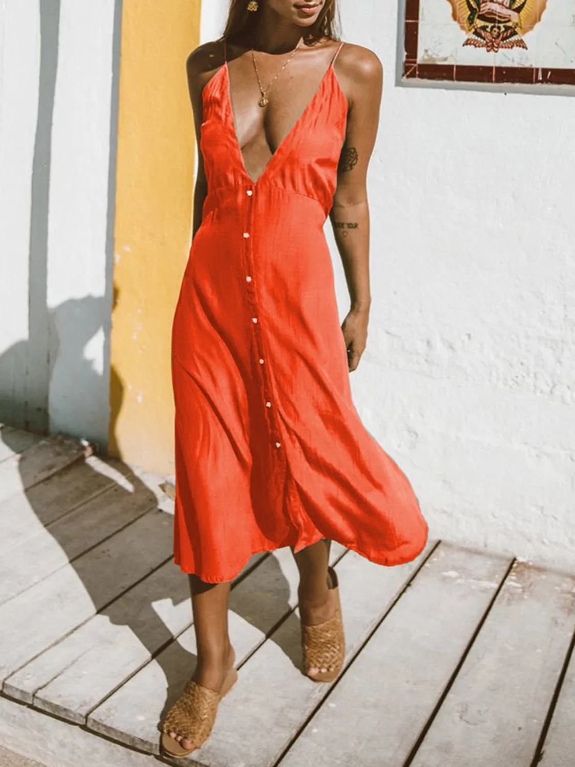Explore More Collection - Buttoned Plunge Midi Cami Dress