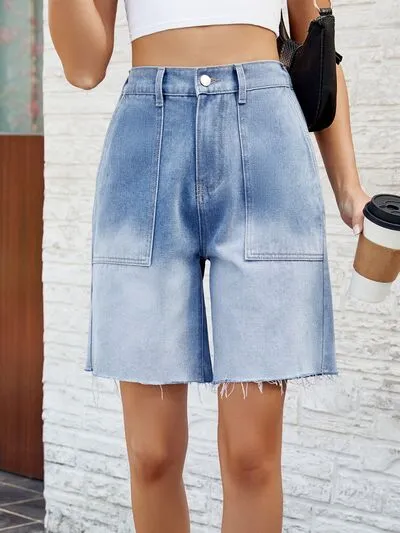 Explore More Collection - Buttoned Raw Hem Denim Shorts with Pockets