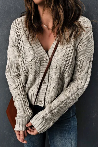 Explore More Collection - Cable-Knit Button Up Dropped Shoulder Cardigan