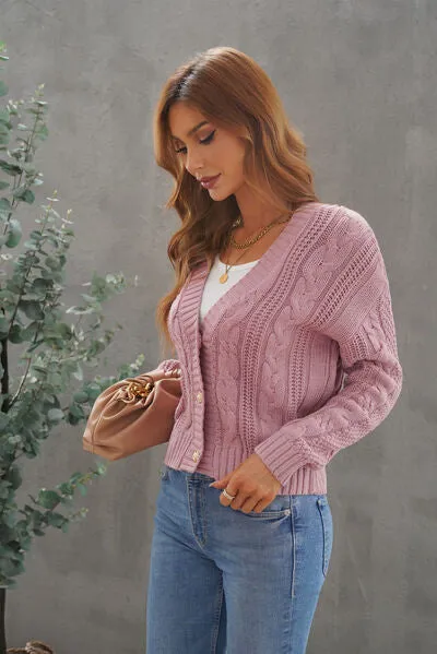 Explore More Collection - Cable-Knit Button Up Dropped Shoulder Cardigan