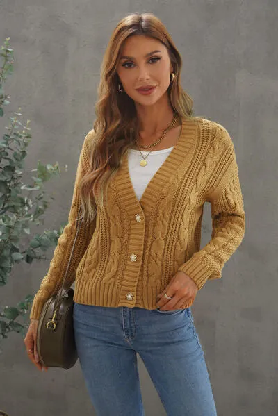 Explore More Collection - Cable-Knit Button Up Dropped Shoulder Cardigan