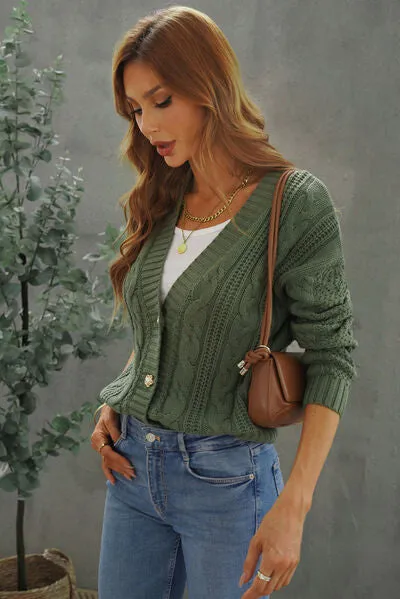Explore More Collection - Cable-Knit Button Up Dropped Shoulder Cardigan